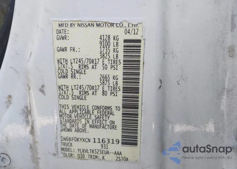 2013 Nissan Nv Cargo Nv2500 Hd Sv V8 z USA, uszkodzony, nr VIN 1N6AF0KY7DN109101